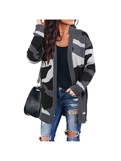 JUNBOON Women's Striped Long Sleeve Open Front Knit Cardigan Casual Pullover Sweater