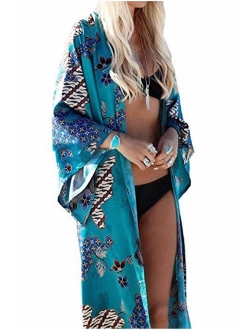 Yonala Women's Swimsuit Cover up Beach Long Kimono Bathing Suit Chiffon Floral Cardigan