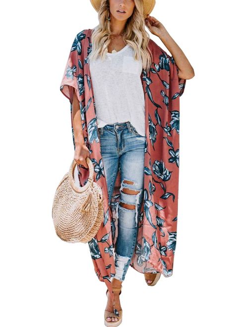 Yonala Women's Swimsuit Cover up Beach Long Kimono Bathing Suit Chiffon Floral Cardigan