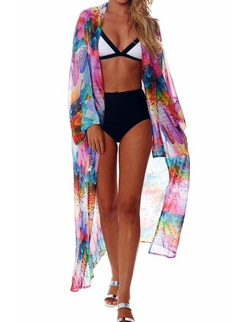 Yonala Women's Swimsuit Cover up Beach Long Kimono Bathing Suit Chiffon Floral Cardigan