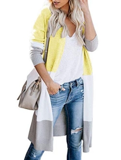 AUSELILY Womens Long Cardigan Sweaters Long Sleeve Lightweight Color Block Knit Open Front Sweaters Coat