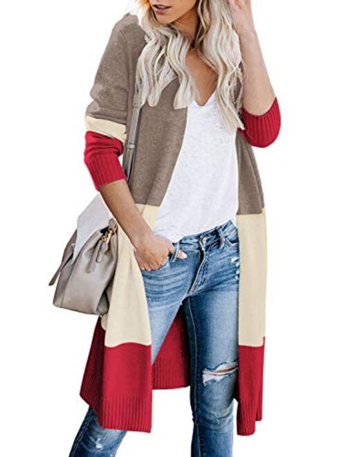 AUSELILY Womens Long Cardigan Sweaters Long Sleeve Lightweight Color Block Knit Open Front Sweaters Coat