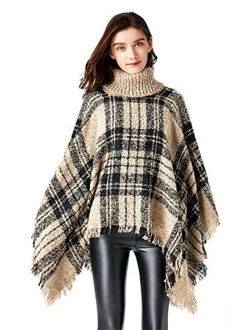 Bellady Women's High Collar Batwing Tassels Poncho Cape Winter Knit Sweater Cloak