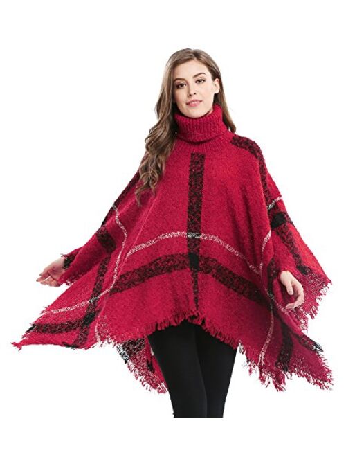 Bellady Women's High Collar Batwing Tassels Poncho Cape Winter Knit Sweater Cloak