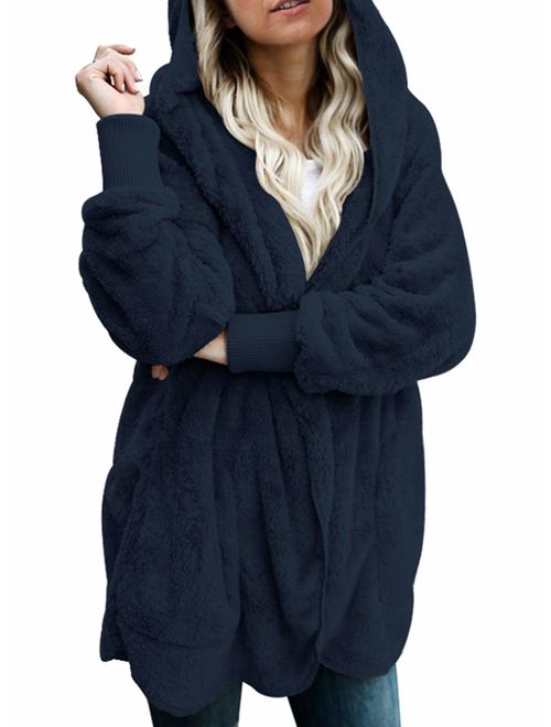 Actloe Women Open Front Hooded Long Sleeve Cardigan Fleece Outwear with Pocket