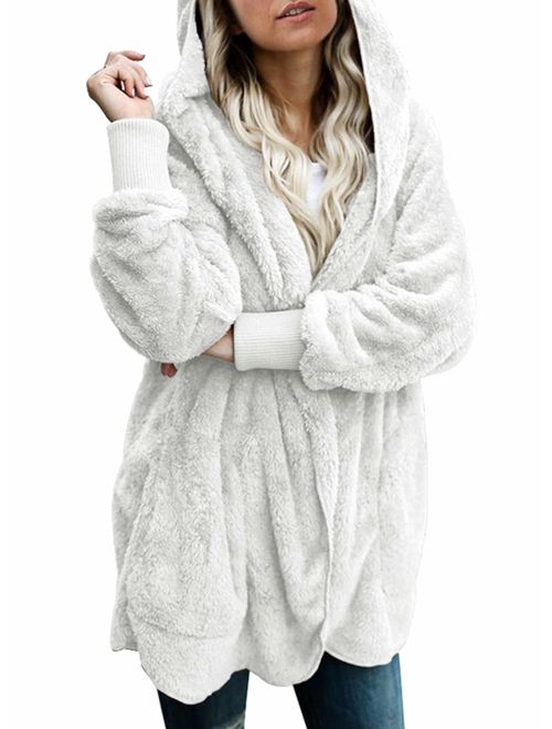 Actloe Women Open Front Hooded Long Sleeve Cardigan Fleece Outwear with Pocket