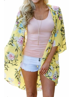 Yonala Womens Floral Kimono Loose Half Sleeve Chiffon Casual Cardigan Cover Up