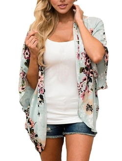 Yonala Womens Floral Kimono Loose Half Sleeve Chiffon Casual Cardigan Cover Up