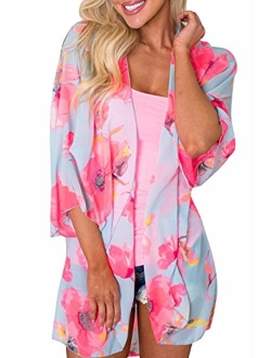 Yonala Womens Floral Kimono Loose Half Sleeve Chiffon Casual Cardigan Cover Up