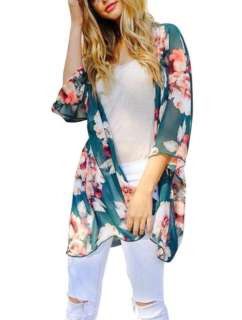 Yonala Womens Floral Kimono Loose Half Sleeve Chiffon Casual Cardigan Cover Up