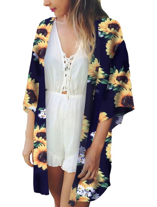 Yonala Womens Floral Kimono Loose Half Sleeve Chiffon Casual Cardigan Cover Up