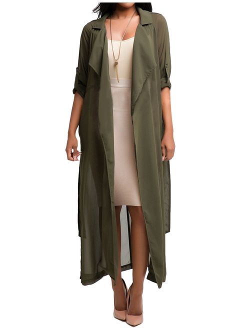 Begonia.K Women's Long Sleeve Chiffon Lightweight Maxi Sheer Duster Cardigan