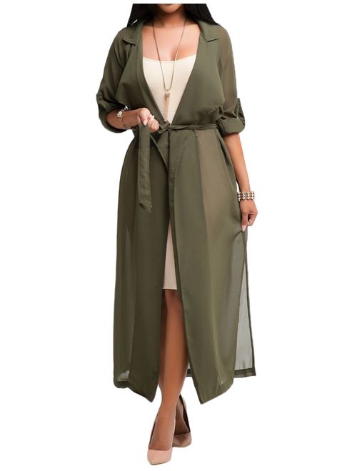 Begonia.K Women's Long Sleeve Chiffon Lightweight Maxi Sheer Duster Cardigan