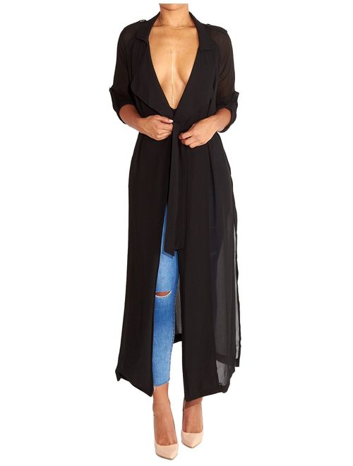 Begonia.K Women's Long Sleeve Chiffon Lightweight Maxi Sheer Duster Cardigan