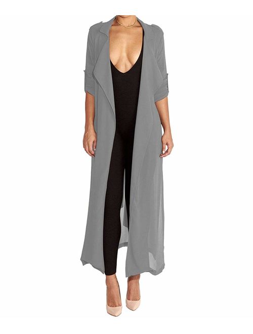 Begonia.K Women's Long Sleeve Chiffon Lightweight Maxi Sheer Duster Cardigan