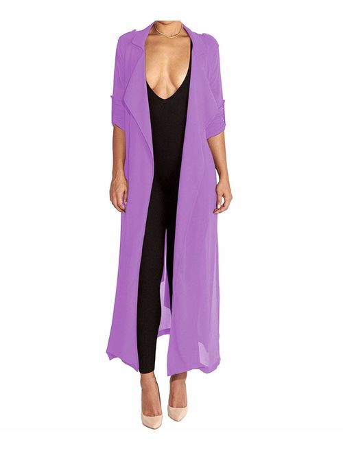 Begonia.K Women's Long Sleeve Chiffon Lightweight Maxi Sheer Duster Cardigan