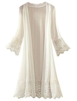 Tanming Flare Sleeves Open Front Lace Splicing Long Kimono Cardigan Cover Ups