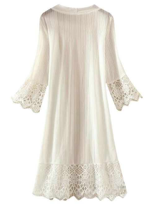 Tanming Flare Sleeves Open Front Lace Splicing Long Kimono Cardigan Cover Ups