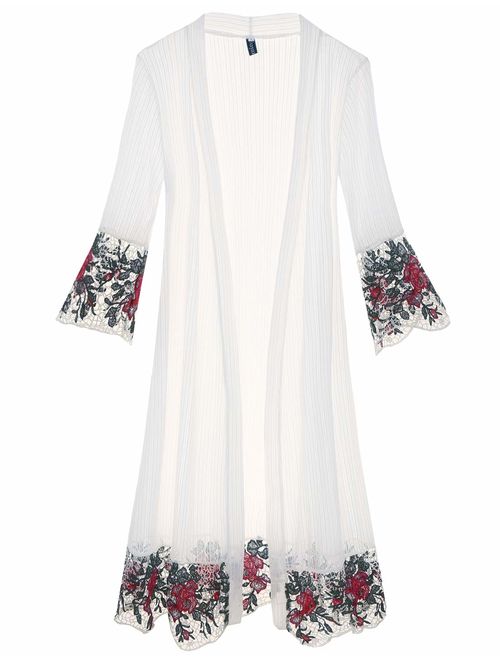 Tanming Flare Sleeves Open Front Lace Splicing Long Kimono Cardigan Cover Ups