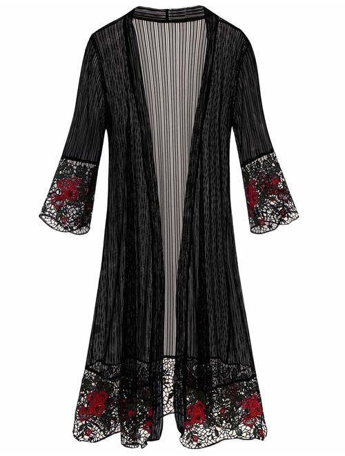 Tanming Flare Sleeves Open Front Lace Splicing Long Kimono Cardigan Cover Ups