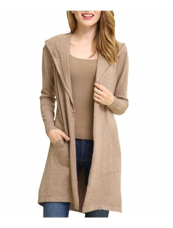 B BIMOZI Women Hooded Cardigan Sweater Drape Open Front Asym with Pockets