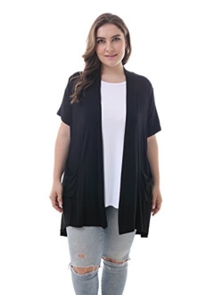 ZERDOCEAN Women's Plus Size Short Sleeve Lightweight Soft Printed Drape Cardigan with Pockets