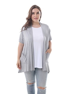 ZERDOCEAN Women's Plus Size Short Sleeve Lightweight Soft Printed Drape Cardigan with Pockets