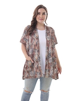 ZERDOCEAN Women's Plus Size Short Sleeve Lightweight Soft Printed Drape Cardigan with Pockets