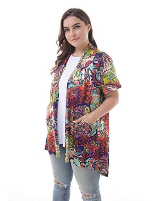 ZERDOCEAN Women's Plus Size Short Sleeve Lightweight Soft Printed Drape Cardigan with Pockets