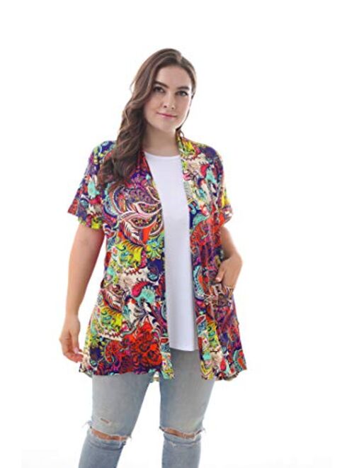 Buy ZERDOCEAN Women's Plus Size Short Sleeve Lightweight Soft Printed Drape  Cardigan with Pockets online