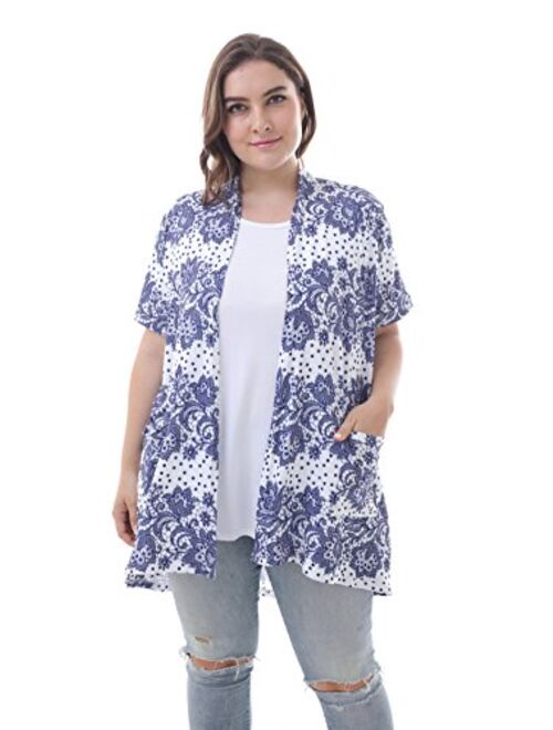 ZERDOCEAN Women's Plus Size Short Sleeve Lightweight Soft Printed Drape Cardigan with Pockets