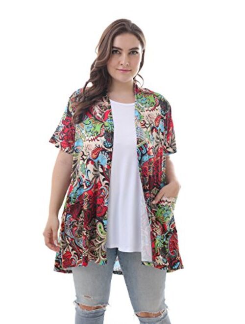 ZERDOCEAN Women's Plus Size Short Sleeve Lightweight Soft Printed Drape Cardigan with Pockets