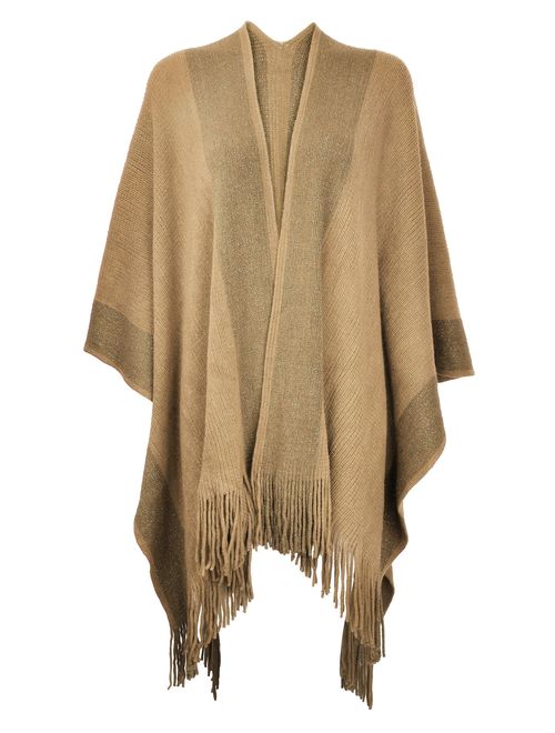 ZLYC Women's Shawl Golden Trim Knit Blanket Wrap Fringe Poncho Coat Cardigan