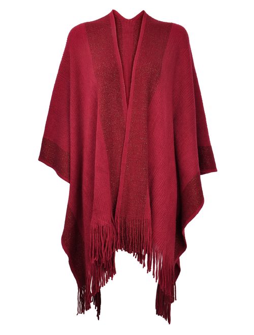 ZLYC Women's Shawl Golden Trim Knit Blanket Wrap Fringe Poncho Coat Cardigan