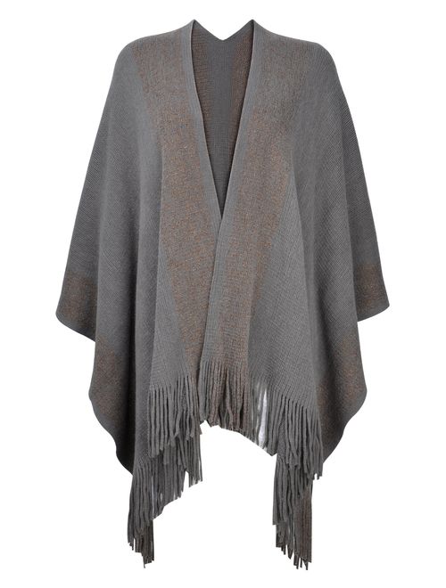 ZLYC Women's Shawl Golden Trim Knit Blanket Wrap Fringe Poncho Coat Cardigan