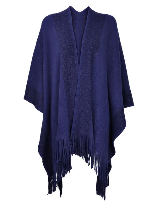 ZLYC Women's Shawl Golden Trim Knit Blanket Wrap Fringe Poncho Coat Cardigan