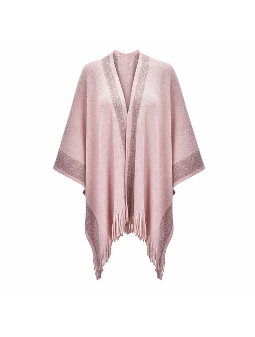 ZLYC Women's Shawl Golden Trim Knit Blanket Wrap Fringe Poncho Coat Cardigan