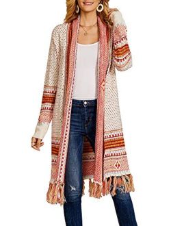 Ferbia Women Boho Cardigan Open Front Long Maxi Knit Sweaters Aztec Tribal Tassel Fringe Thin Coat