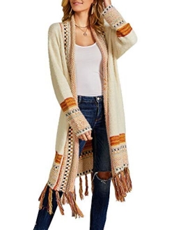 Ferbia Women Boho Cardigan Open Front Long Maxi Knit Sweaters Aztec Tribal Tassel Fringe Thin Coat