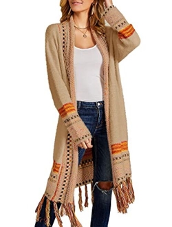 Ferbia Women Boho Cardigan Open Front Long Maxi Knit Sweaters Aztec Tribal Tassel Fringe Thin Coat