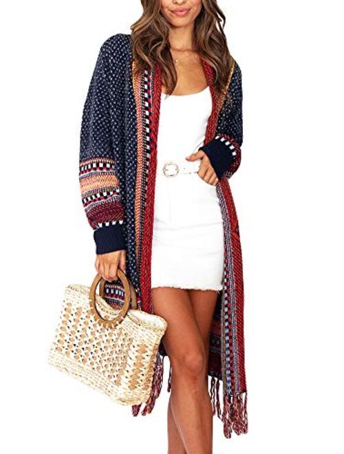 Ferbia Women Boho Cardigan Open Front Long Maxi Knit Sweaters Aztec Tribal Tassel Fringe Thin Coat