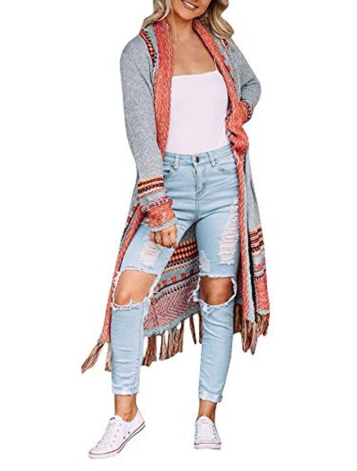 Ferbia Women Boho Cardigan Open Front Long Maxi Knit Sweaters Aztec Tribal Tassel Fringe Thin Coat