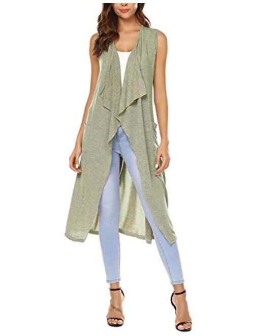 URRU Womens Casual Sleeveless Open Front Cardigan Sweater Vest with Pockets and Belt S-XXL