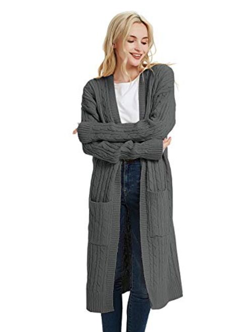 futurino Women's Chunky Twist Knitted Open Front Patch Pocket Long Cardigan Oversized Coat