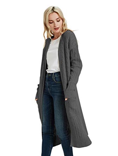 futurino Women's Chunky Twist Knitted Open Front Patch Pocket Long Cardigan Oversized Coat