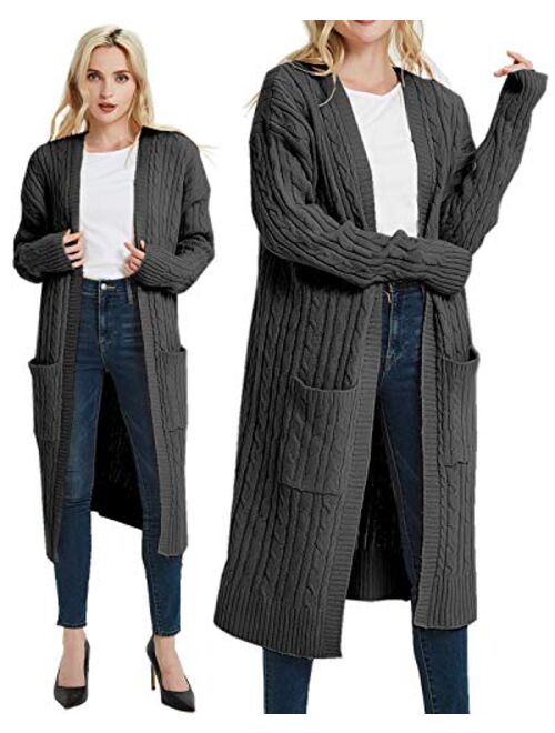 futurino Women's Chunky Twist Knitted Open Front Patch Pocket Long Cardigan Oversized Coat