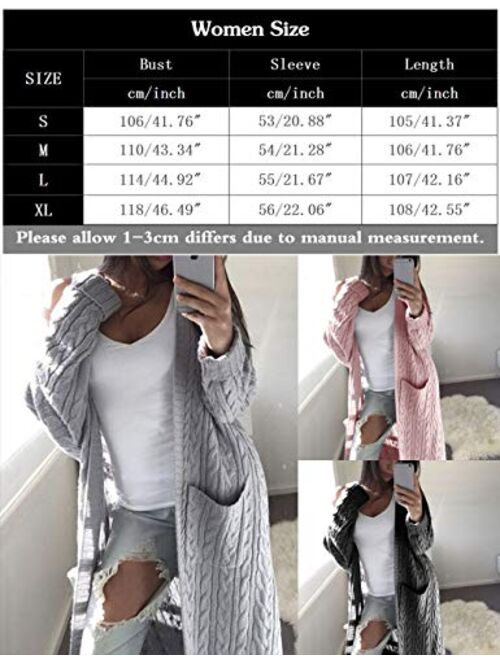 futurino Women's Chunky Twist Knitted Open Front Patch Pocket Long Cardigan Oversized Coat