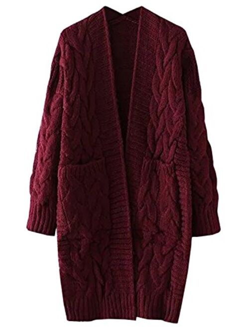 futurino Women's Chunky Twist Knitted Open Front Patch Pocket Long Cardigan Oversized Coat