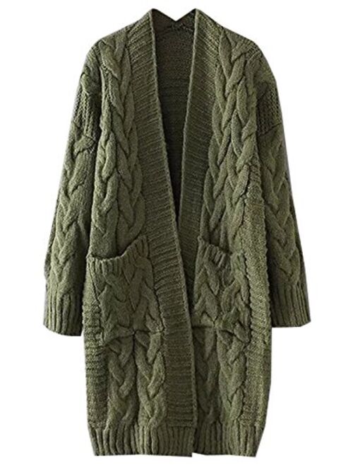 futurino Women's Chunky Twist Knitted Open Front Patch Pocket Long Cardigan Oversized Coat