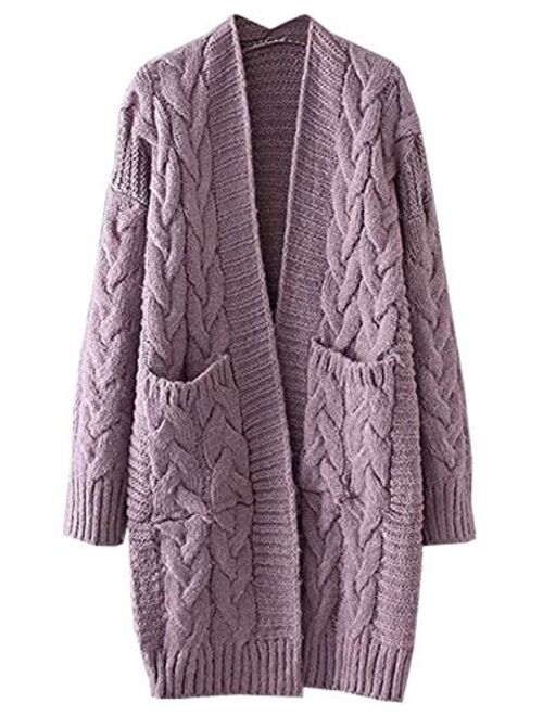 futurino Women's Chunky Twist Knitted Open Front Patch Pocket Long Cardigan Oversized Coat